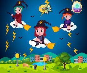 Vector Halloween Illustration Cute Cartoon Witches