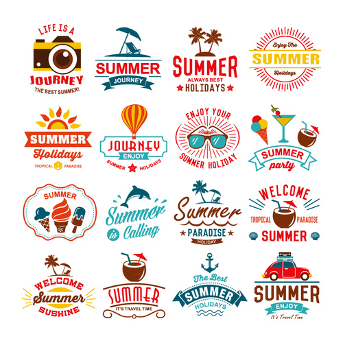 16 color summer vacation labels vector