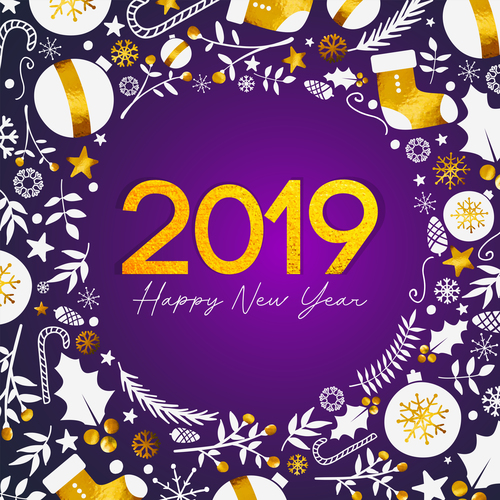 2019 Purple new year background with christmas elements vector