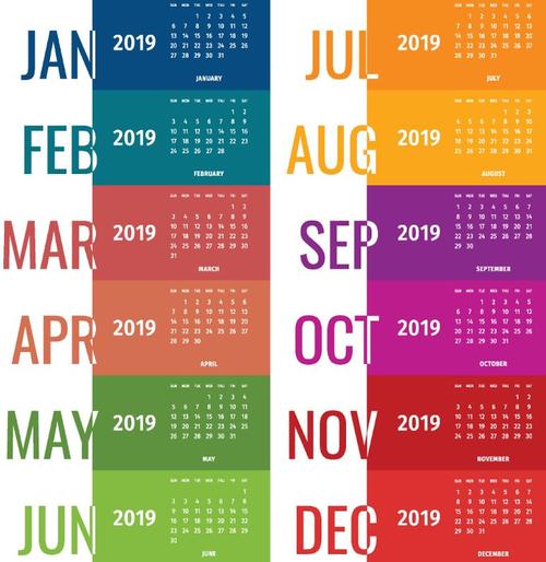 2019 calendar colored fashion design vector