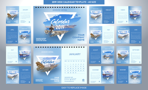 2019 desk calendar A5 size vector template 01