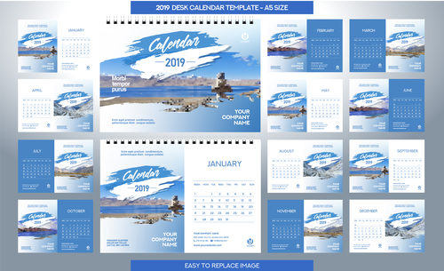 2019 desk calendar A5 size vector template 02