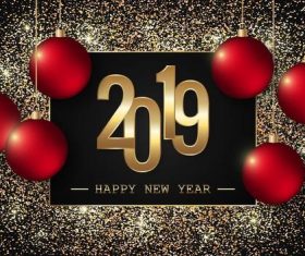 2019 new year background with golden confetti and red christmas ball vector