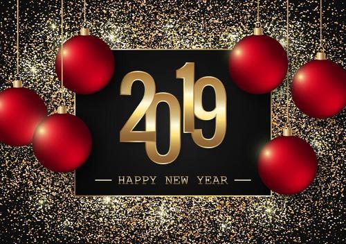 2019 new year background with golden confetti and red christmas ball vector