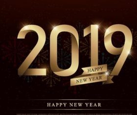 2019 new year design with golden ribbon and firework background vector