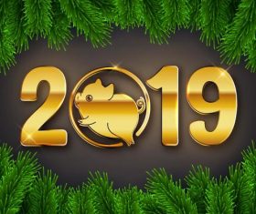2019 new year golden text with pig and green frame vector