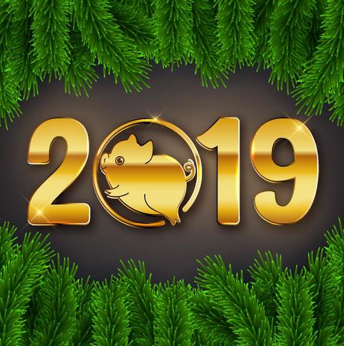 2019 new year golden text with pig and green frame vector