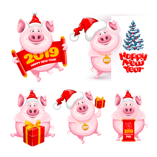 2019 new year of pig cute illustration vector 01