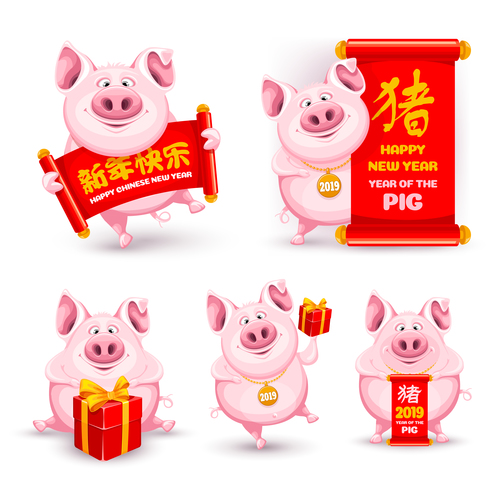 2019 new year of pig cute illustration vector 02