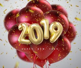 2019 new year red balloons with golden confetti vector