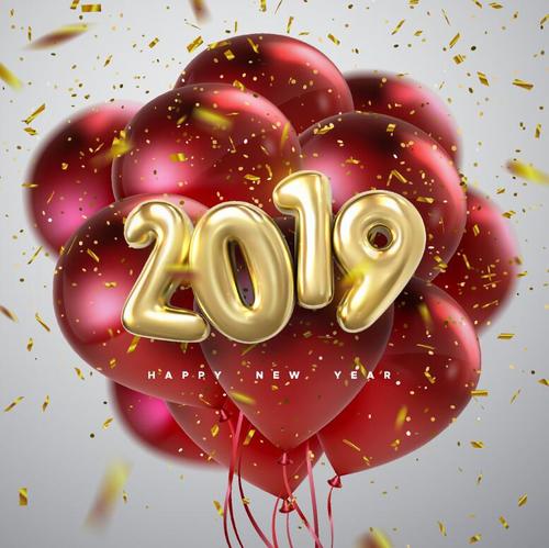 2019 new year red balloons with golden confetti vector