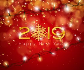 2019 new year with golden confetti and red background vector
