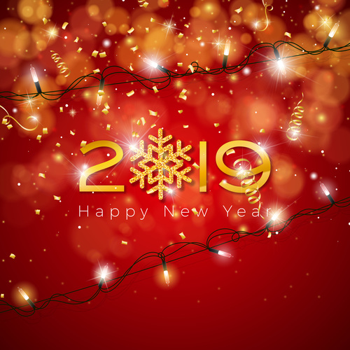 2019 new year with golden confetti and red background vector