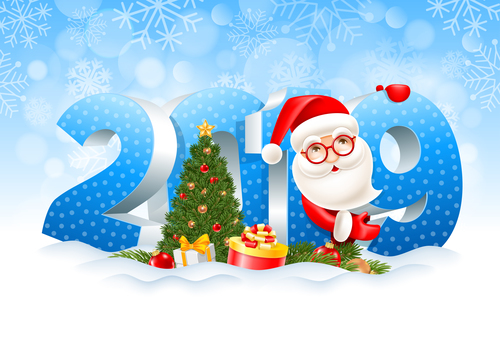 3D 2019 text design with christmas background vector 01