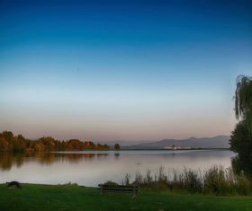 Autumn dusk lake natural landscape Stock Photo