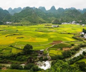 Beautiful mountain village and farmland Stock Photo 03