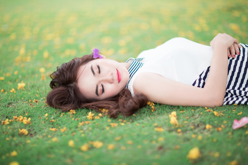 Belle lying on the grass and sleeping Stock Photo
