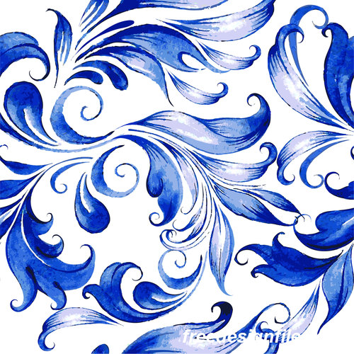 Blue watercolor floral seamless pattern vector 03