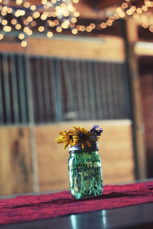 Bright flowers in glass bottle close-up Stock Photo