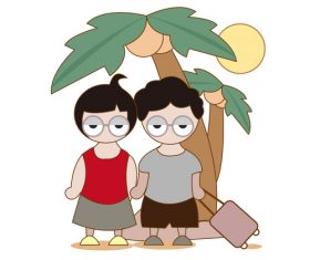 Cartoon hand drawn boys and girls traveling together vector