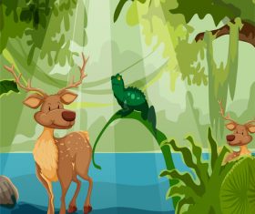 Cartoon illustration of deer in cartoon forest