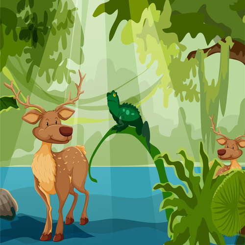 Cartoon illustration of deer in cartoon forest