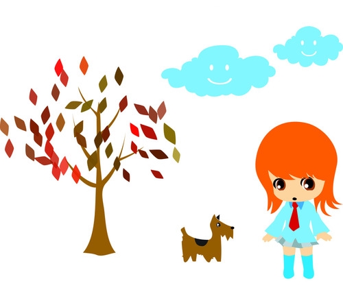 Cartoon tree puppy and little girl vector