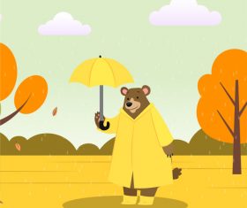Cartoon vector illustration of bear in the rain