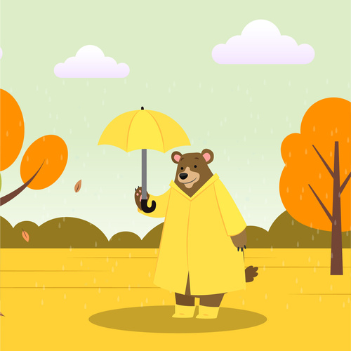 Cartoon vector illustration of bear in the rain
