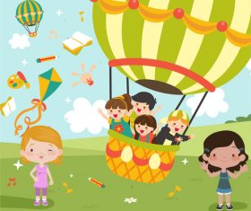 Children hot air balloon tour vector illustration