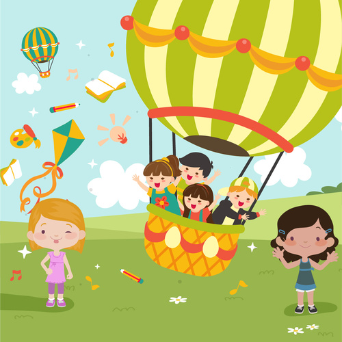 Children hot air balloon tour vector illustration