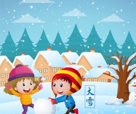 Children snowball playing vector illustration