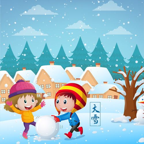 Children snowball playing vector illustration