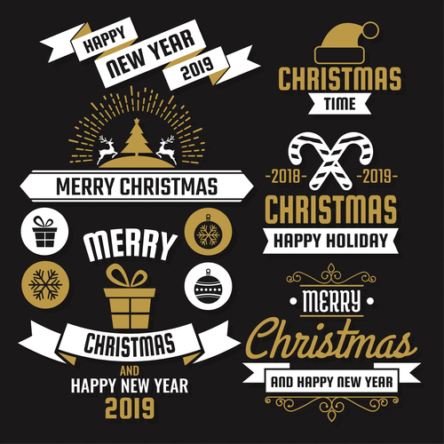 Christams retro logos with labels and badge vectors set 05