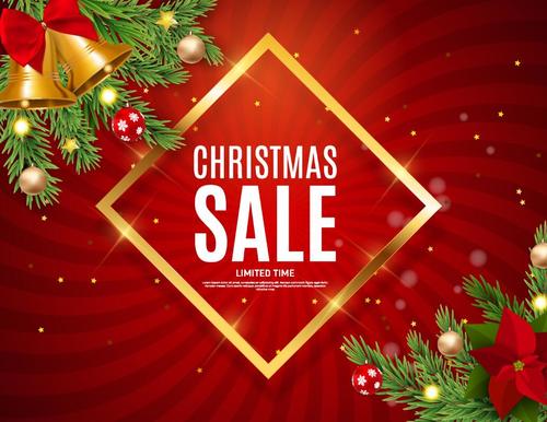 Christmas sale background red with golden frame vector