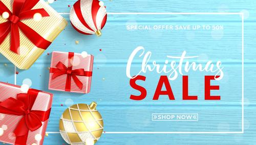 Christmas sale shop now with wooden vector