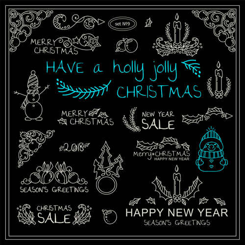 Christmas with new year hand drawn ornaments vector set 03