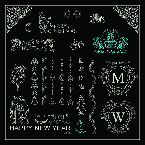 Christmas with new year hand drawn ornaments vector set 08