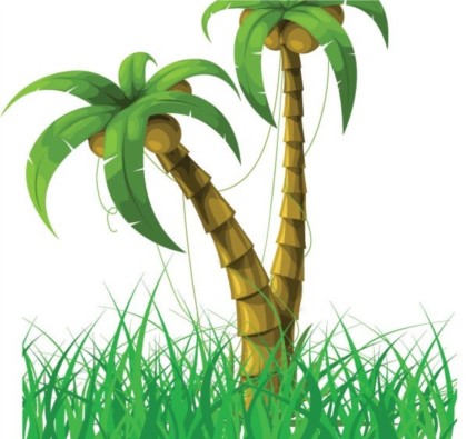 Coconut trees and green grass set vector