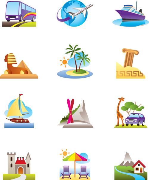 Colored Travel Icons 2 vectors set