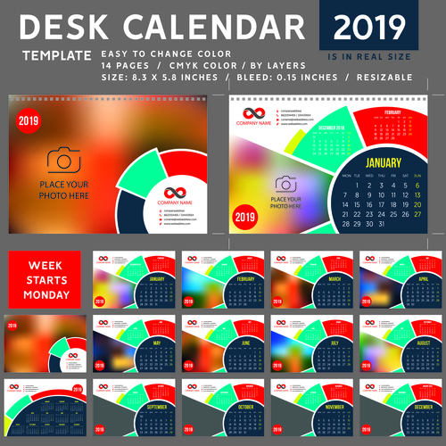Creative desk calendar 2019 vector template 04