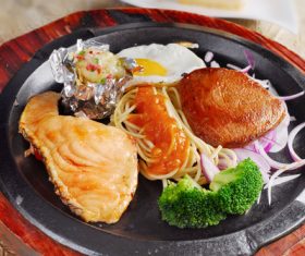 Delicious iron plate chicken set meal Stock Photo 01