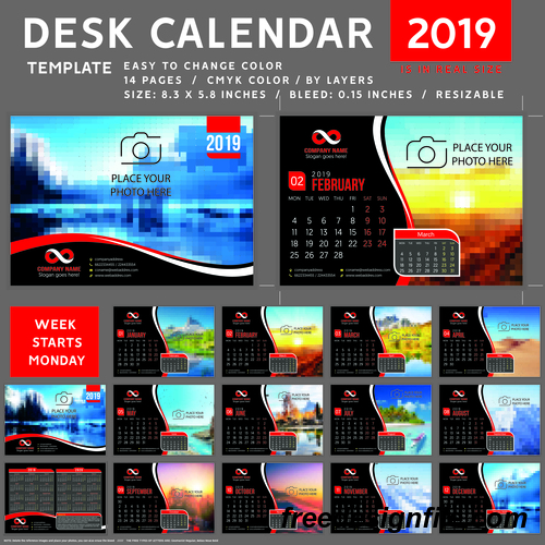 Desk calendar 2019 color vector template 01