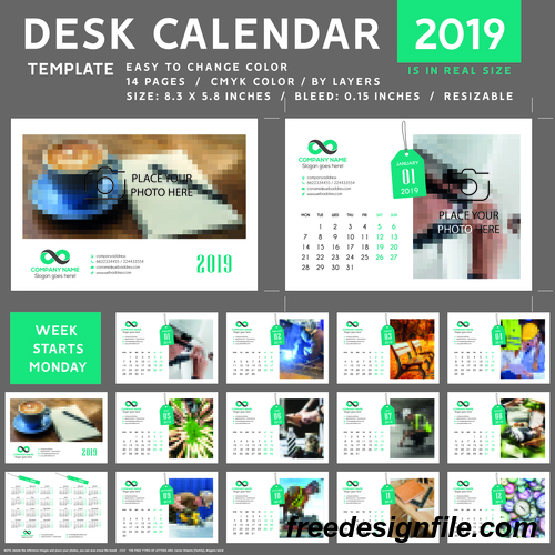 Desk calendar 2019 color vector template 02