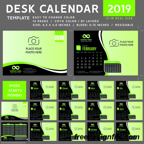 Desk calendar 2019 color vector template 03