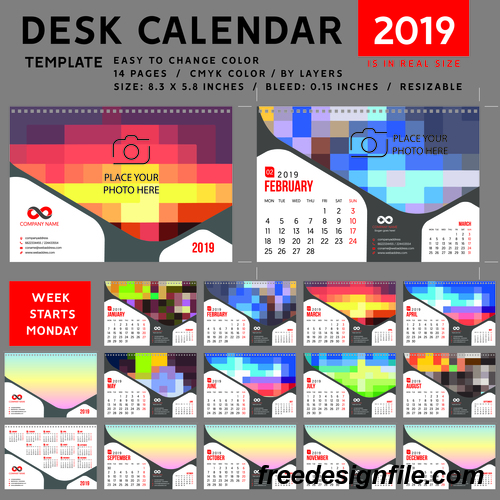 Desk calendar 2019 color vector template 04