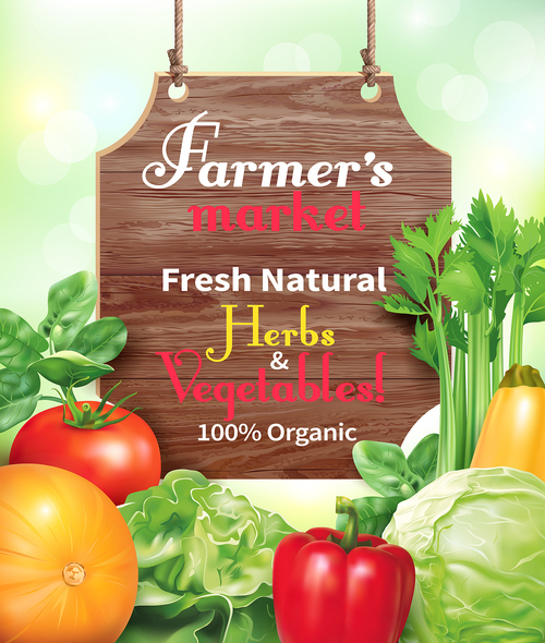 Fresh natural vegetable with wooden sign vector