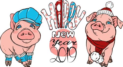 Funny pig with 2019 new year design vectors