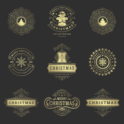 Golden christmas labels retro design vector 02