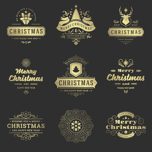 Golden christmas labels retro design vector 03